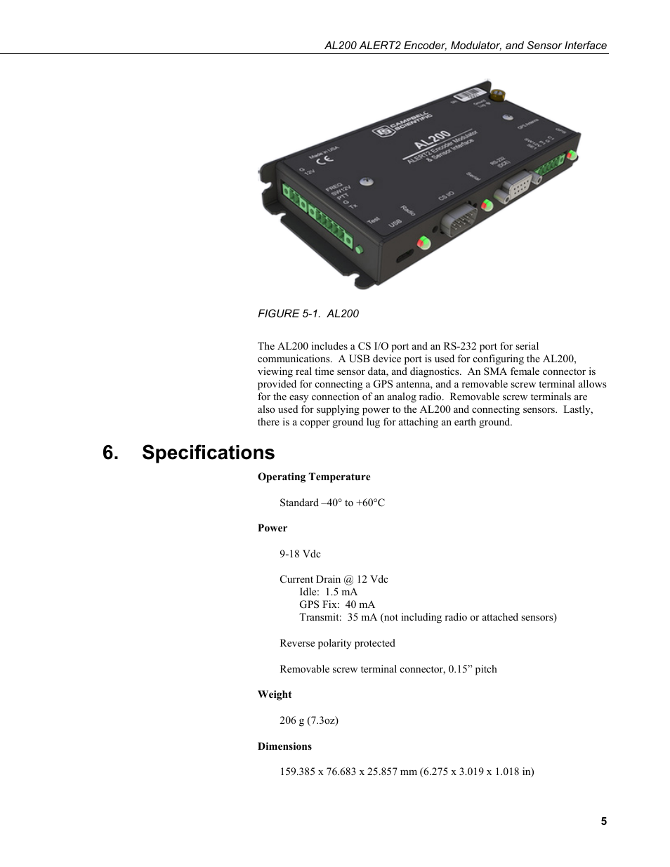 Specifications, 1. al200 | Campbell Scientific AL200 ALERT2 Encoder, Modulator, and Sensor Interface User Manual | Page 11 / 44