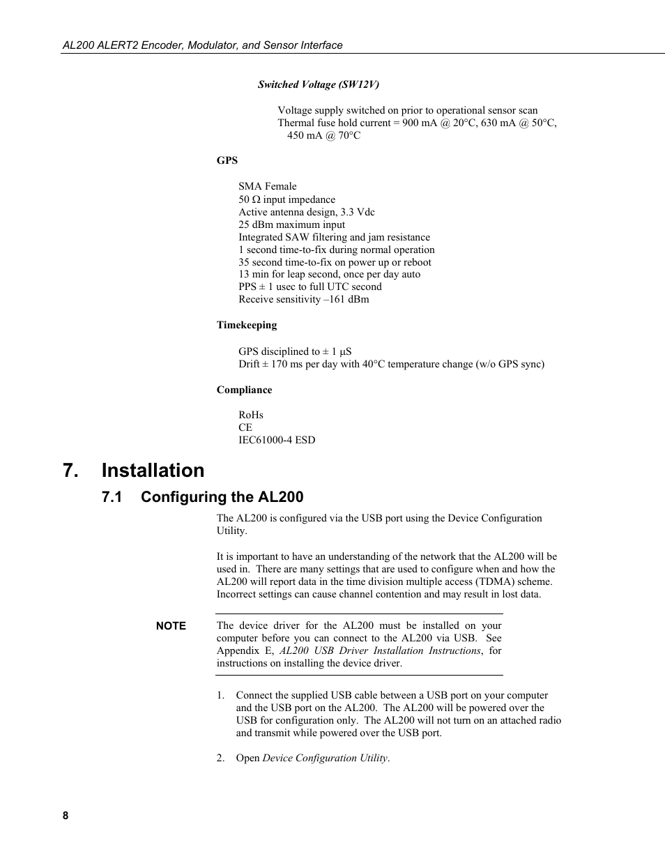 Installation, 1 configuring the al200, Configuring the al200 | Campbell Scientific AL200 ALERT2 Encoder, Modulator, and Sensor Interface User Manual | Page 14 / 44