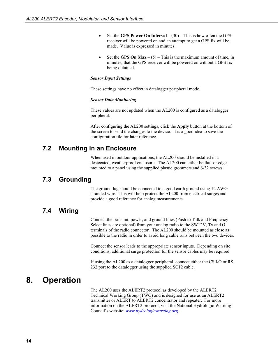 2 mounting in an enclosure, 3 grounding, 4 wiring | Operation, Mounting in an enclosure, Grounding, Wiring | Campbell Scientific AL200 ALERT2 Encoder, Modulator, and Sensor Interface User Manual | Page 20 / 44