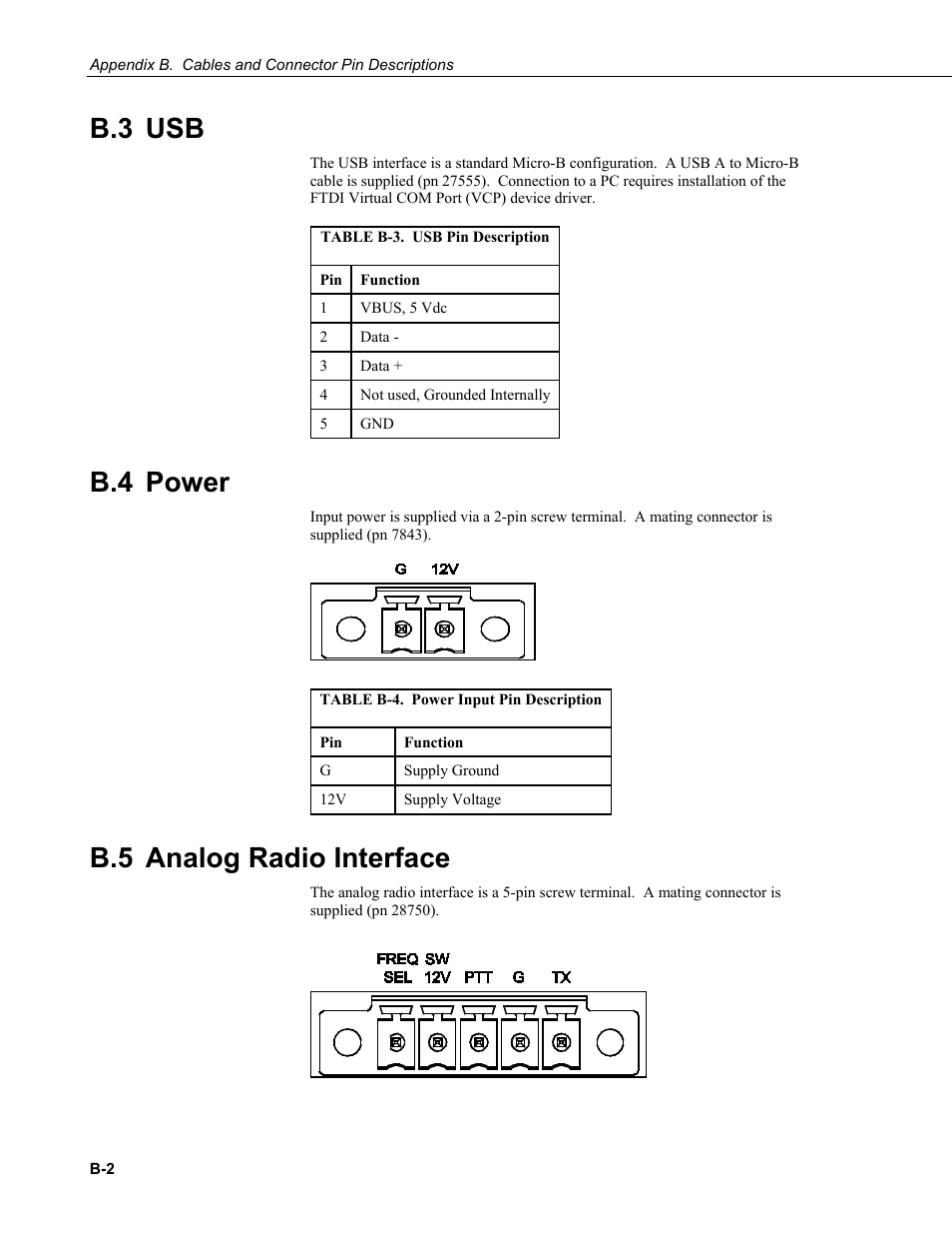 B.3 usb, B.4 power, B.5 analog radio interface | Campbell Scientific AL200 ALERT2 Encoder, Modulator, and Sensor Interface User Manual | Page 26 / 44