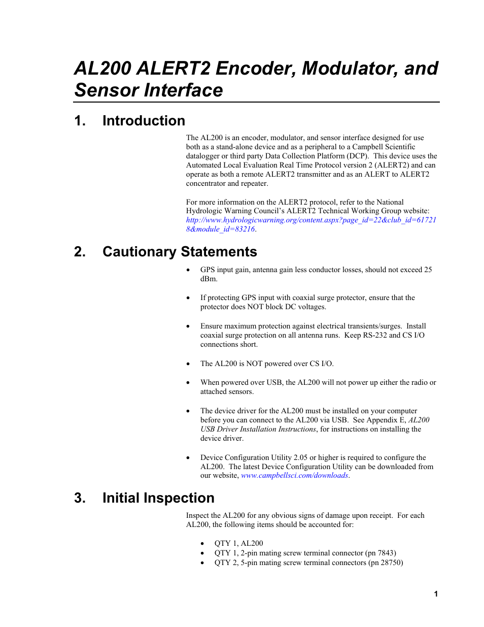 Introduction, Cautionary statements, Initial inspection | Campbell Scientific AL200 ALERT2 Encoder, Modulator, and Sensor Interface User Manual | Page 7 / 44
