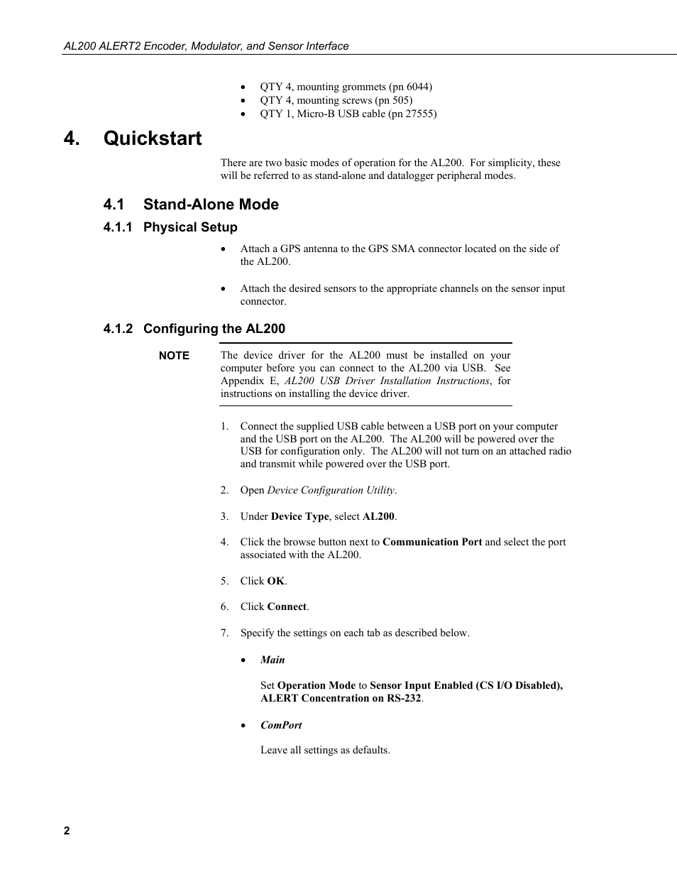Quickstart, 1 stand-alone mode, 1 physical setup | 2 configuring the al200, Stand-alone mode, Physical setup, Configuring the al200 | Campbell Scientific AL200 ALERT2 Encoder, Modulator, and Sensor Interface User Manual | Page 8 / 44
