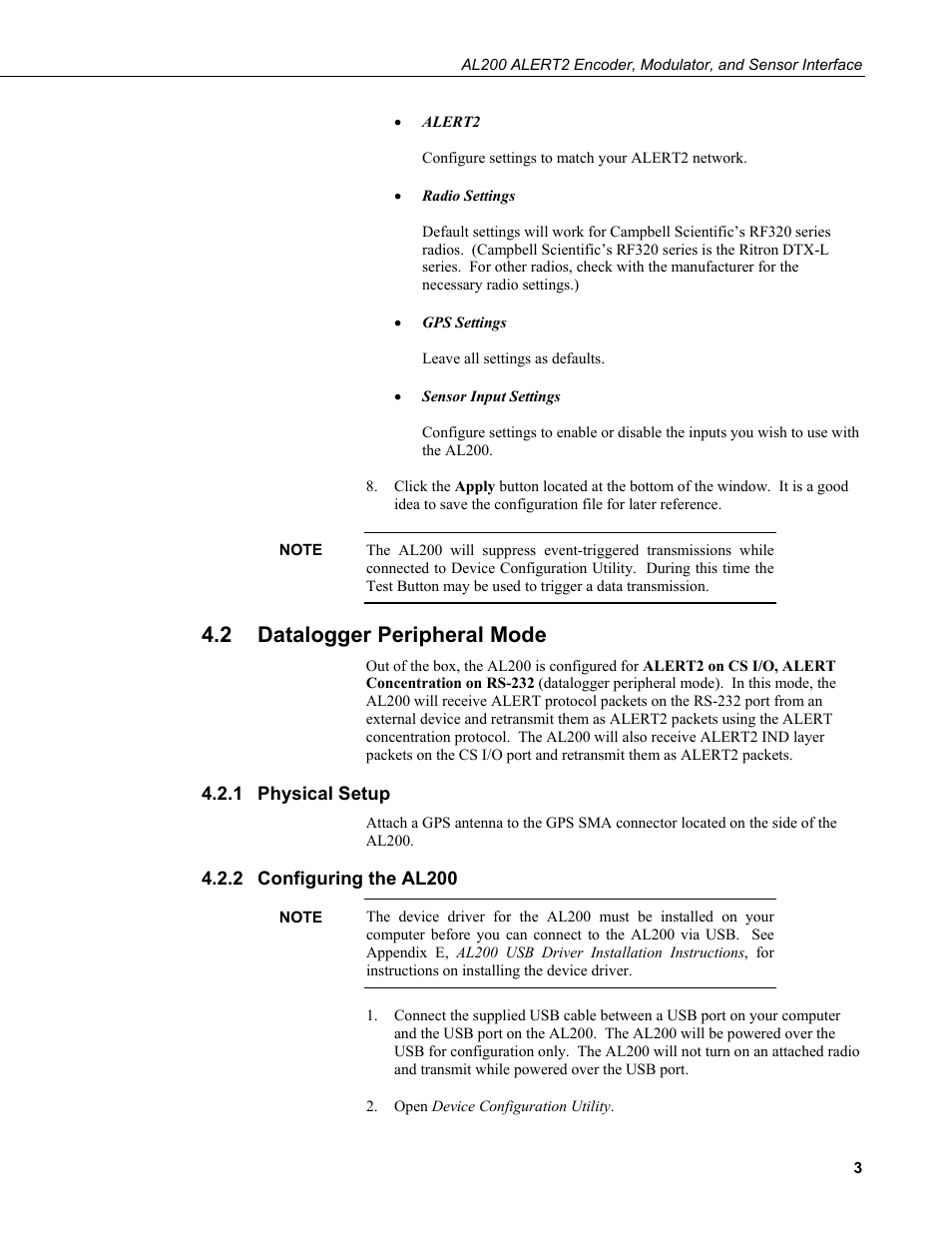 2 datalogger peripheral mode, 1 physical setup, 2 configuring the al200 | Datalogger peripheral mode, Physical setup, Configuring the al200 | Campbell Scientific AL200 ALERT2 Encoder, Modulator, and Sensor Interface User Manual | Page 9 / 44
