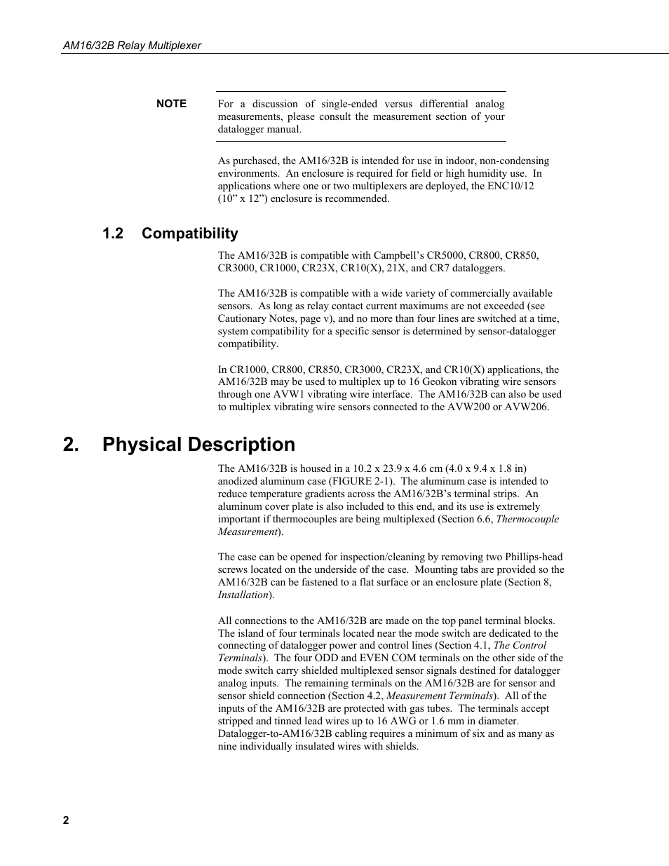 2 compatibility, Physical description, Compatibility | Campbell Scientific AM16/32B Relay Multiplexer User Manual | Page 12 / 52