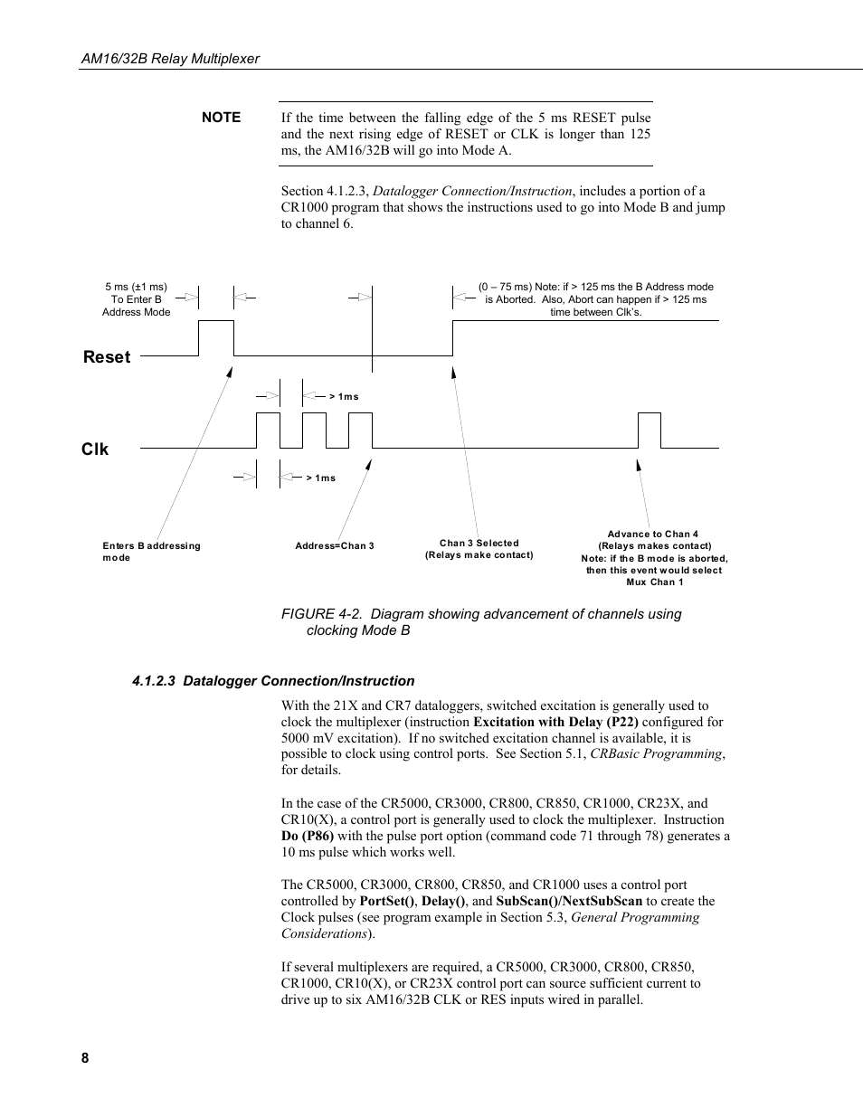 3 datalogger connection/instruction, Datalogger connection/instruction, Mode b | Figure 4-2), Reset clk | Campbell Scientific AM16/32B Relay Multiplexer User Manual | Page 18 / 52
