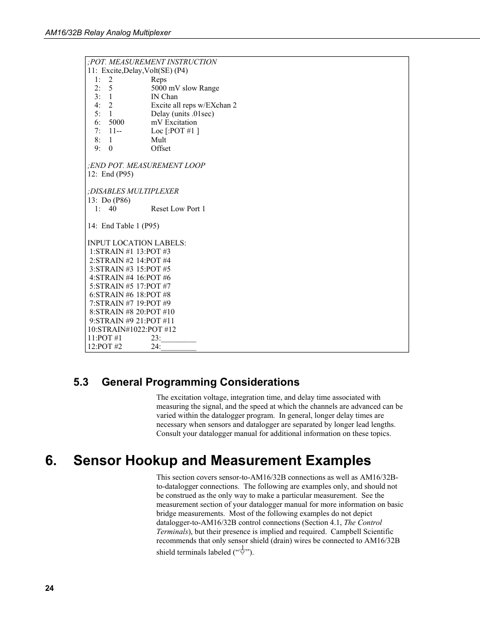 3 general programming considerations, Sensor hookup and measurement examples, General programming considerations | 3 ge, Neral programming considerations | Campbell Scientific AM16/32B Relay Multiplexer User Manual | Page 34 / 52
