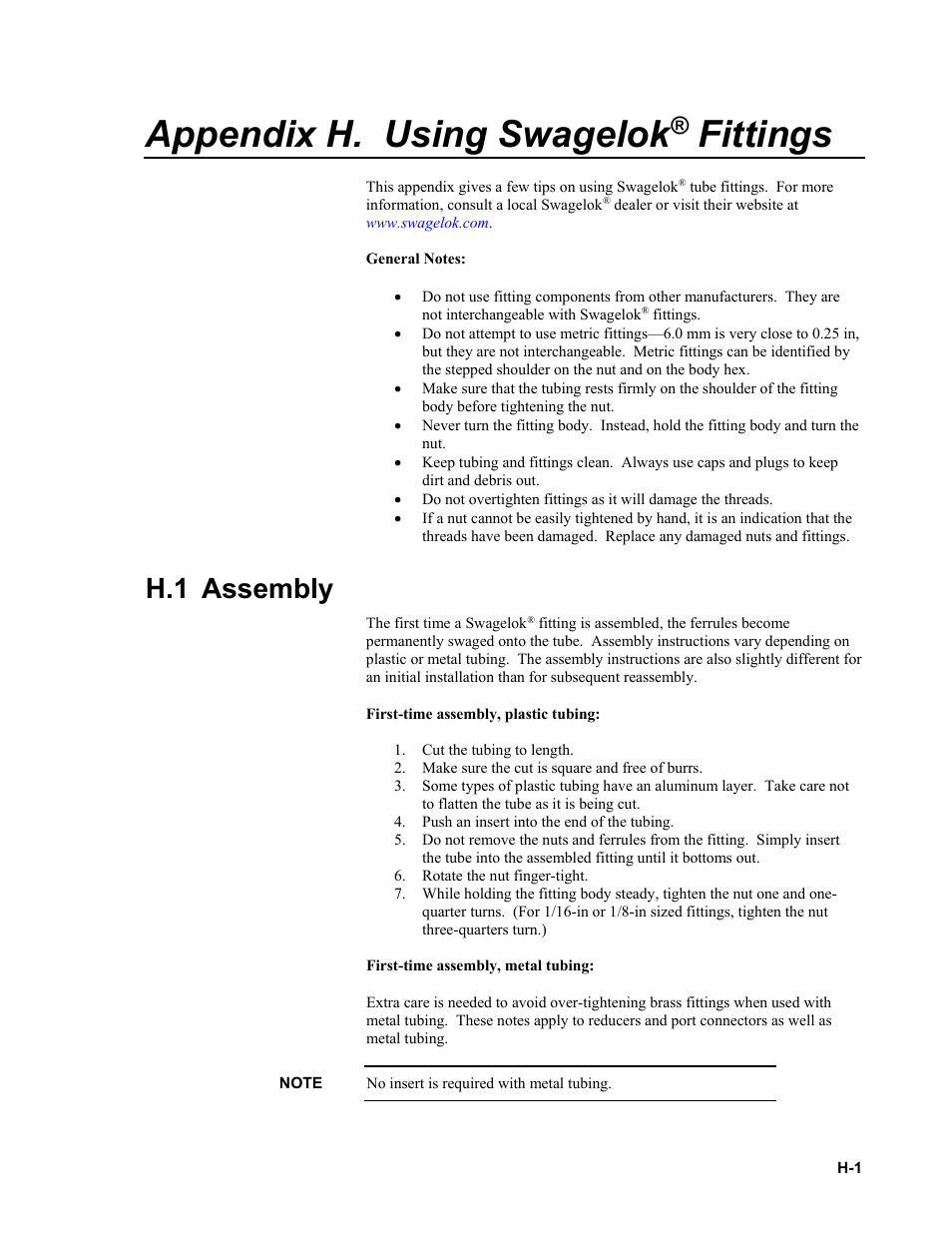 Appendix h. using swagelok® fittings, H.1 assembly, Using swagelok | Ee appendix h, Appendix h. using swagelok, Fittings | Campbell Scientific AP200 CO2/H2O Atmospheric Profile System User Manual | Page 105 / 120