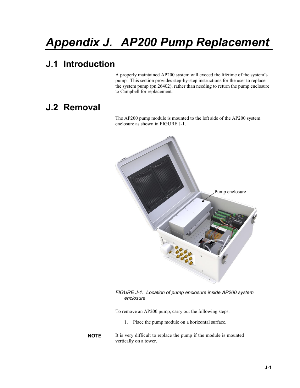 Appendix j. ap200 pump replacement, J.1 introduction, J.2 removal | Ee appendix j | Campbell Scientific AP200 CO2/H2O Atmospheric Profile System User Manual | Page 113 / 120