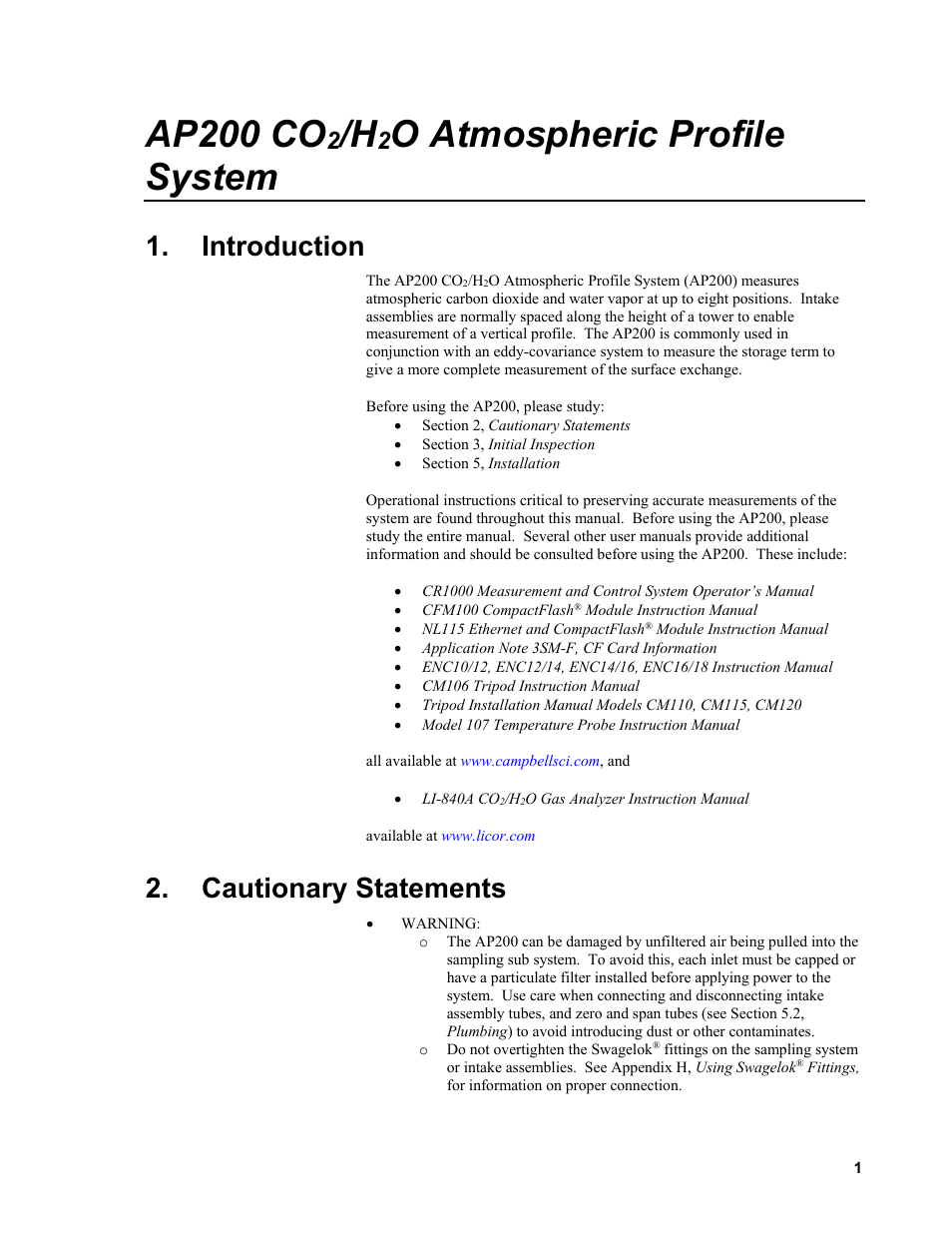 Introduction, Cautionary statements, Ap200 co | O atmospheric profile system | Campbell Scientific AP200 CO2/H2O Atmospheric Profile System User Manual | Page 13 / 120