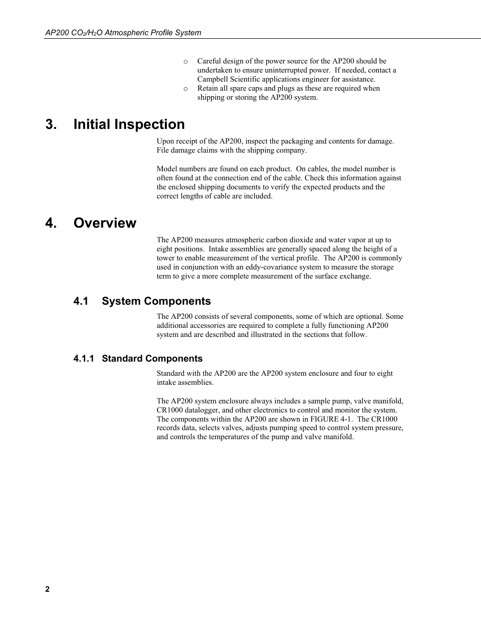 Initial inspection, Overview, 1 system components | 1 standard components, System components, Standard components | Campbell Scientific AP200 CO2/H2O Atmospheric Profile System User Manual | Page 14 / 120