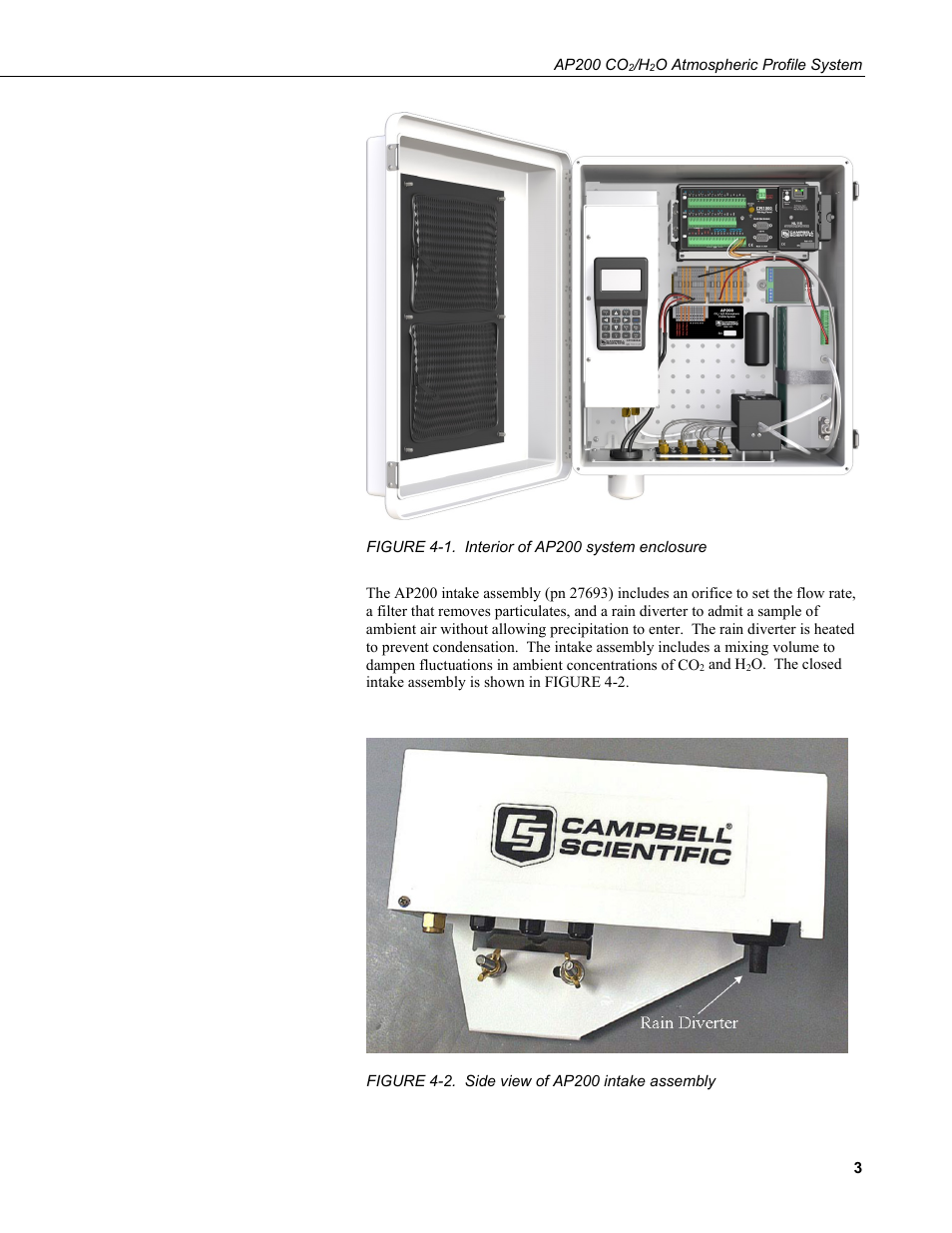 1. interior of ap200 system enclosure, 2. side view of ap200 intake assembly | Campbell Scientific AP200 CO2/H2O Atmospheric Profile System User Manual | Page 15 / 120