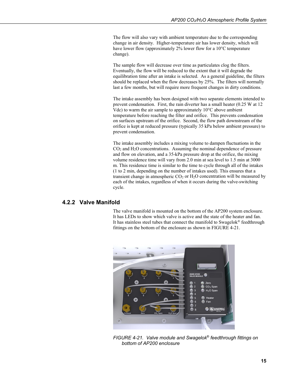 2 valve manifold, Valve manifold, 21. valve module and swagelok | Feedthrough fittings on bottom, Of ap200 enclosure | Campbell Scientific AP200 CO2/H2O Atmospheric Profile System User Manual | Page 27 / 120