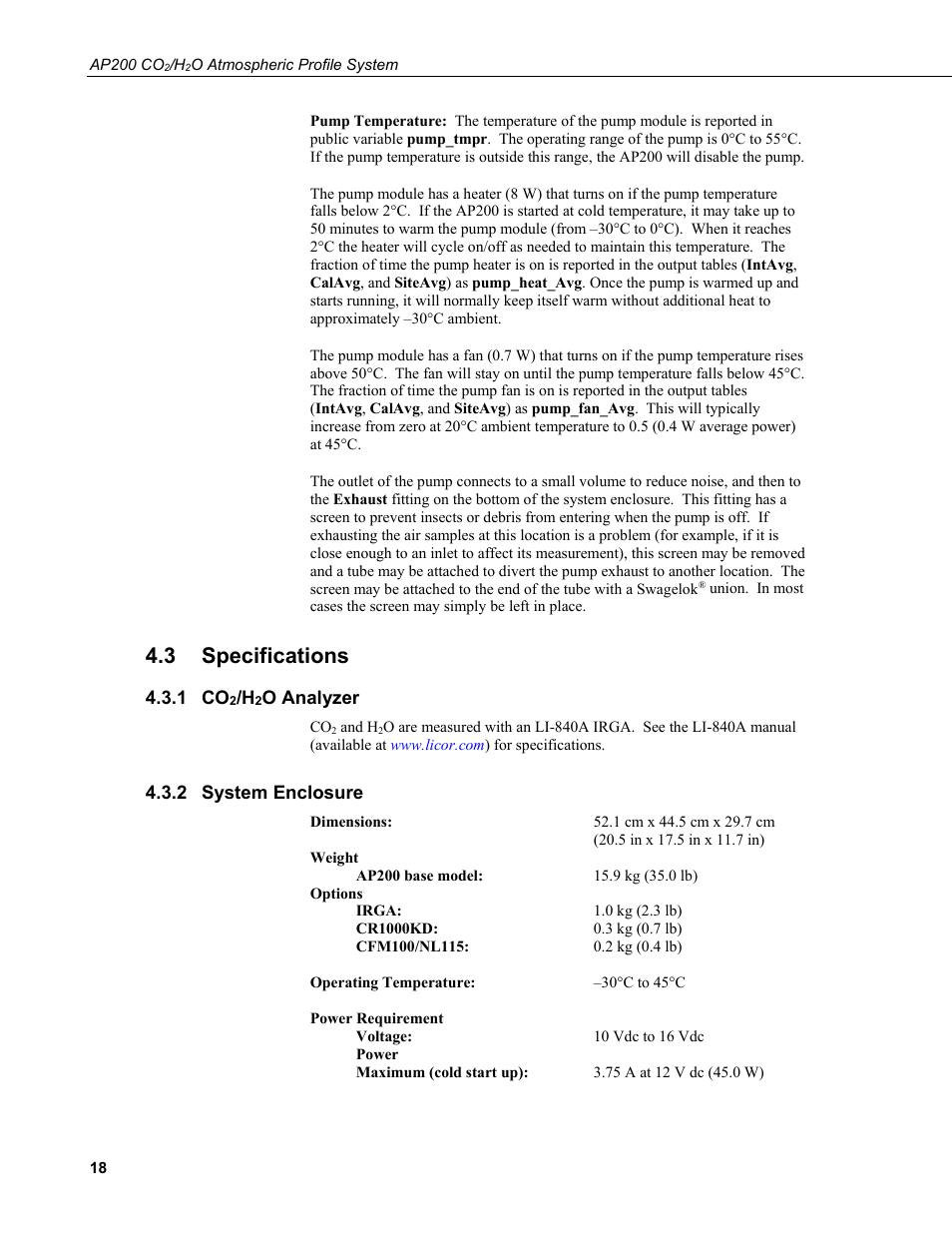 3 specifications, 1 co2/h2o analyzer, 2 system enclosure | Specifications, O analyzer, System enclosure | Campbell Scientific AP200 CO2/H2O Atmospheric Profile System User Manual | Page 30 / 120