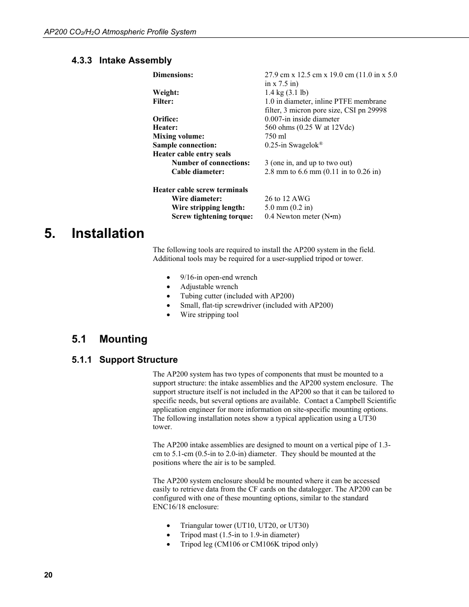 3 intake assembly, Installation, 1 mounting | 1 support structure, Intake assembly, Mounting, Support structure | Campbell Scientific AP200 CO2/H2O Atmospheric Profile System User Manual | Page 32 / 120