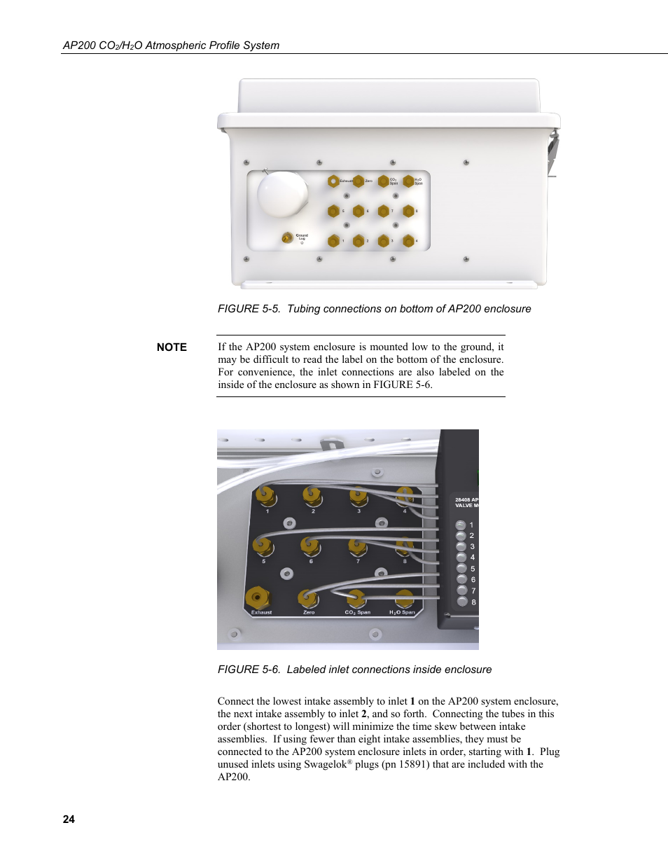 5. tubing connections on bottom of ap200 enclosure, 6. labeled inlet connections inside enclosure | Campbell Scientific AP200 CO2/H2O Atmospheric Profile System User Manual | Page 36 / 120