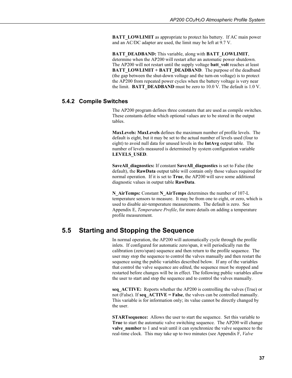 2 compile switches, 5 starting and stopping the sequence, Compile switches | Starting and stopping the sequence | Campbell Scientific AP200 CO2/H2O Atmospheric Profile System User Manual | Page 49 / 120