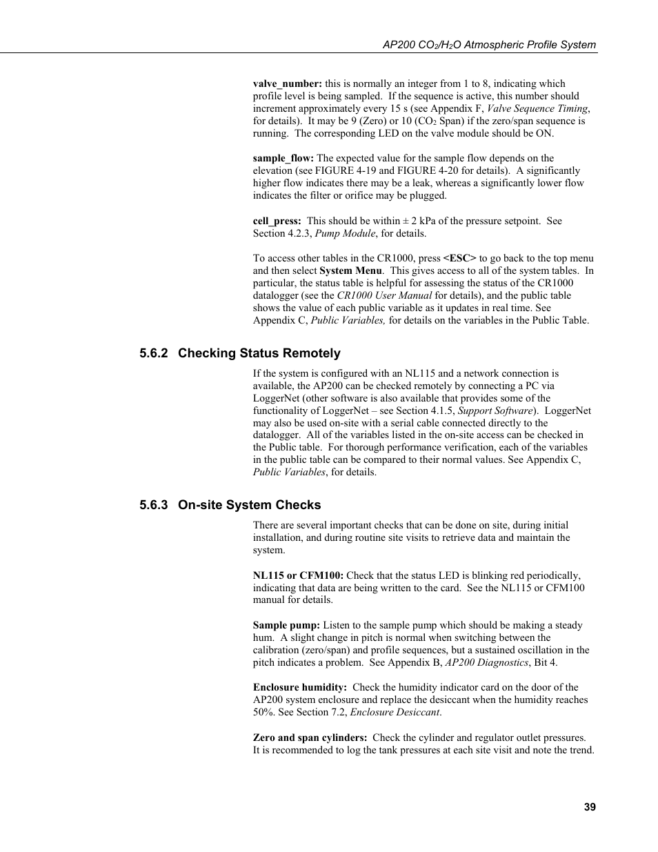 2 checking status remotely, 3 on-site system checks, Checking status remotely | On-site system checks | Campbell Scientific AP200 CO2/H2O Atmospheric Profile System User Manual | Page 51 / 120