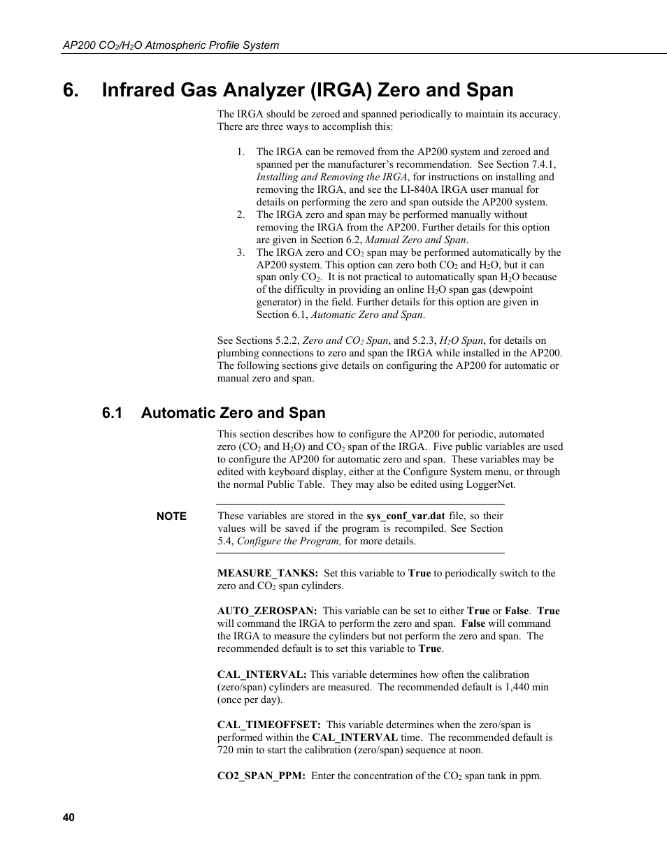 Infrared gas analyzer (irga) zero and span, 1 automatic zero and span, Automatic zero and span | Campbell Scientific AP200 CO2/H2O Atmospheric Profile System User Manual | Page 52 / 120