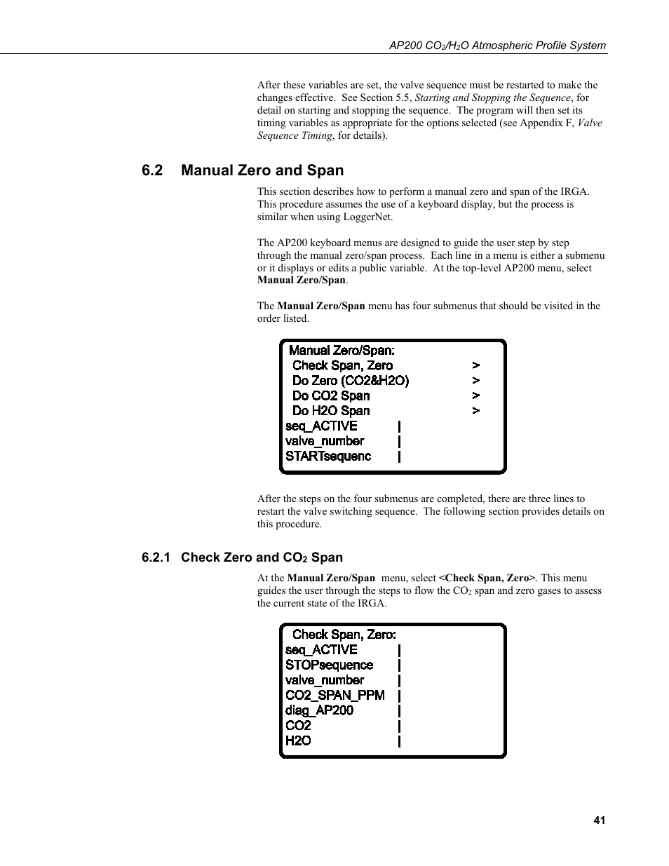2 manual zero and span, 1 check zero and co2 span, Manual zero and span | Check zero and co, Span, On 6.2 | Campbell Scientific AP200 CO2/H2O Atmospheric Profile System User Manual | Page 53 / 120