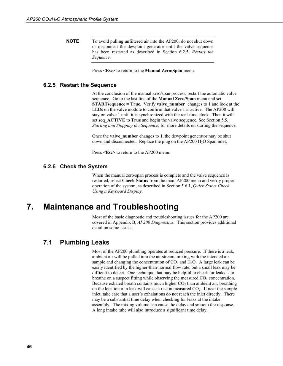 5 restart the sequence, 6 check the system, Maintenance and troubleshooting | 1 plumbing leaks, Restart the sequence, Check the system, Plumbing leaks | Campbell Scientific AP200 CO2/H2O Atmospheric Profile System User Manual | Page 58 / 120