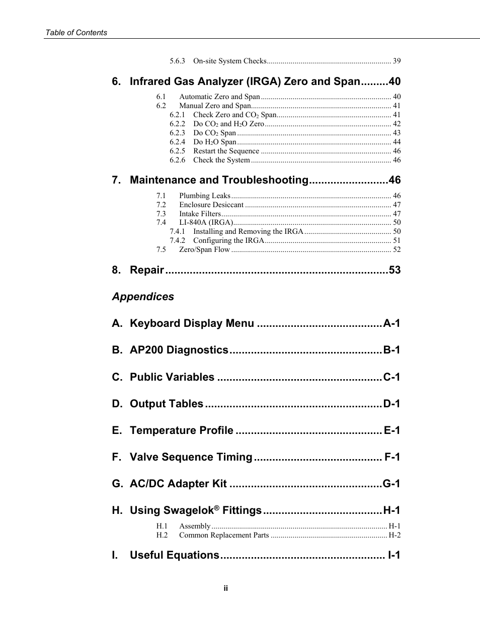 Infrared gas analyzer (irga) zero and span, Maintenance and troubleshooting, Repair | Appendices a, Using swagelok | Campbell Scientific AP200 CO2/H2O Atmospheric Profile System User Manual | Page 8 / 120