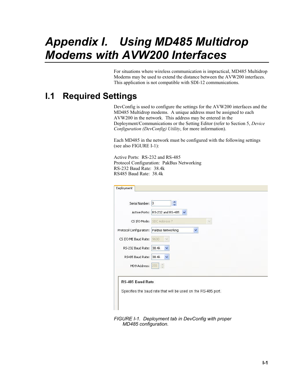 I.1 required settings, Using md485 multidrop modems with avw200, Appendix i | Campbell Scientific AVW200-series Vibrating Wire Interfaces User Manual | Page 105 / 112