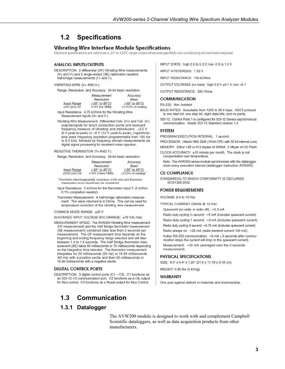 2 specifications, 3 communication, 1 datalogger | Specifications, Communication, Datalogger | Campbell Scientific AVW200-series Vibrating Wire Interfaces User Manual | Page 11 / 112