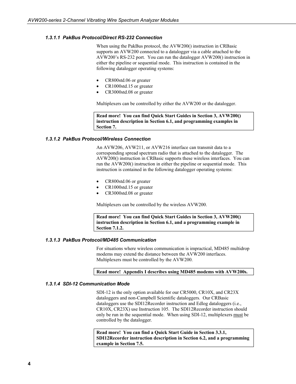 1 pakbus protocol/direct rs-232 connection, 2 pakbus protocol/wireless connection, 3 pakbus protocol/md485 communication | 4 sdi-12 communication mode, Pakbus protocol/direct rs-232 connection, Pakbus protocol/wireless connection, Pakbus protocol/md485 communication, Sdi-12 communication mode | Campbell Scientific AVW200-series Vibrating Wire Interfaces User Manual | Page 12 / 112