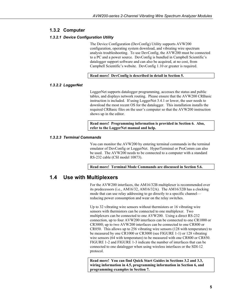 2 computer, 1 device configuration utility, 2 loggernet | 3 terminal commands, 4 use with multiplexers, Computer, Device configuration utility, Loggernet, Terminal commands, Use with multiplexers | Campbell Scientific AVW200-series Vibrating Wire Interfaces User Manual | Page 13 / 112
