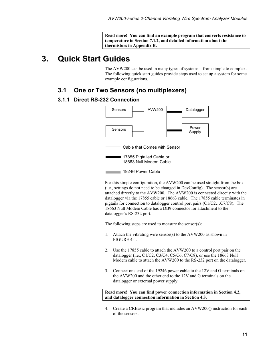 Quick start guides, 1 one or two sensors (no multiplexers), 1 direct rs-232 connection | One or two sensors (no multiplexers), Direct rs-232 connection | Campbell Scientific AVW200-series Vibrating Wire Interfaces User Manual | Page 19 / 112
