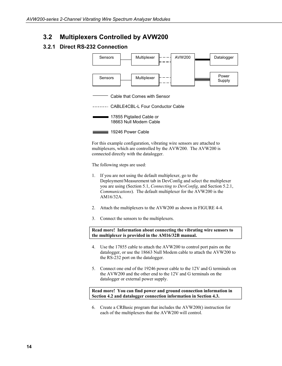 2 multiplexers controlled by avw200, 1 direct rs-232 connection, Multiplexers controlled by avw200 | Direct rs-232 connection | Campbell Scientific AVW200-series Vibrating Wire Interfaces User Manual | Page 22 / 112