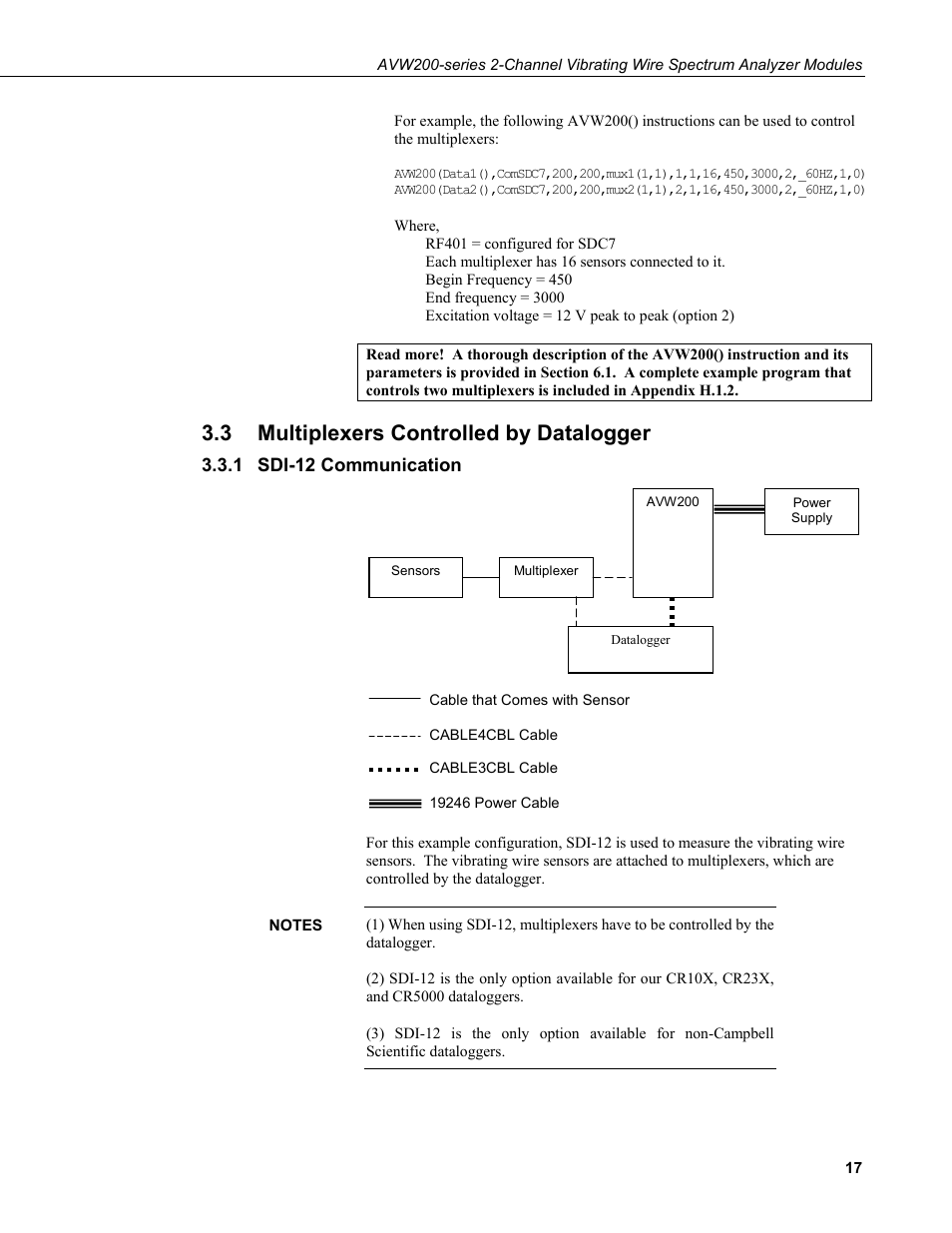 3 multiplexers controlled by datalogger, 1 sdi-12 communication, Multiplexers controlled by datalogger | Sdi-12 communication | Campbell Scientific AVW200-series Vibrating Wire Interfaces User Manual | Page 25 / 112