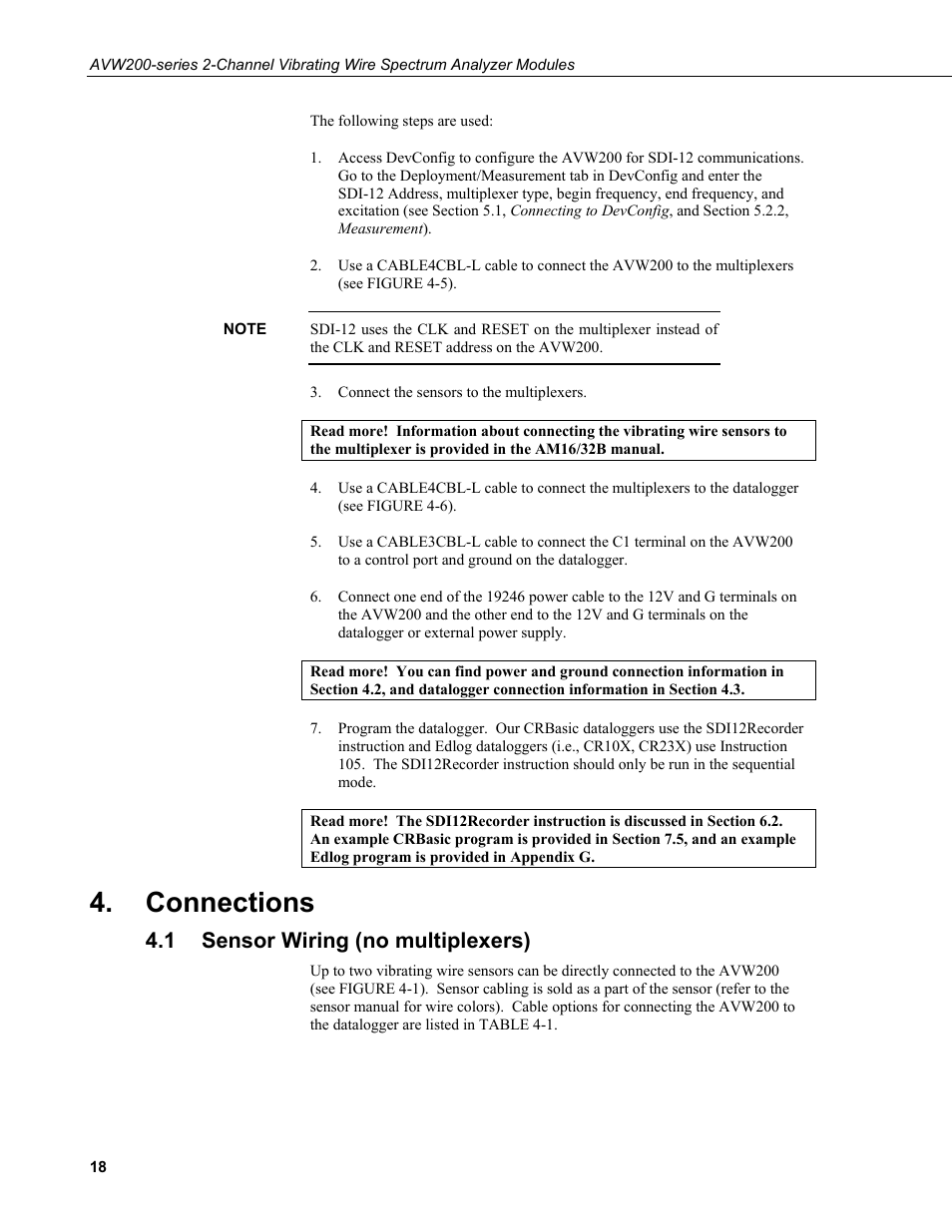 Connections, 1 sensor wiring (no multiplexers), Sensor wiring (no multiplexers) | Campbell Scientific AVW200-series Vibrating Wire Interfaces User Manual | Page 26 / 112