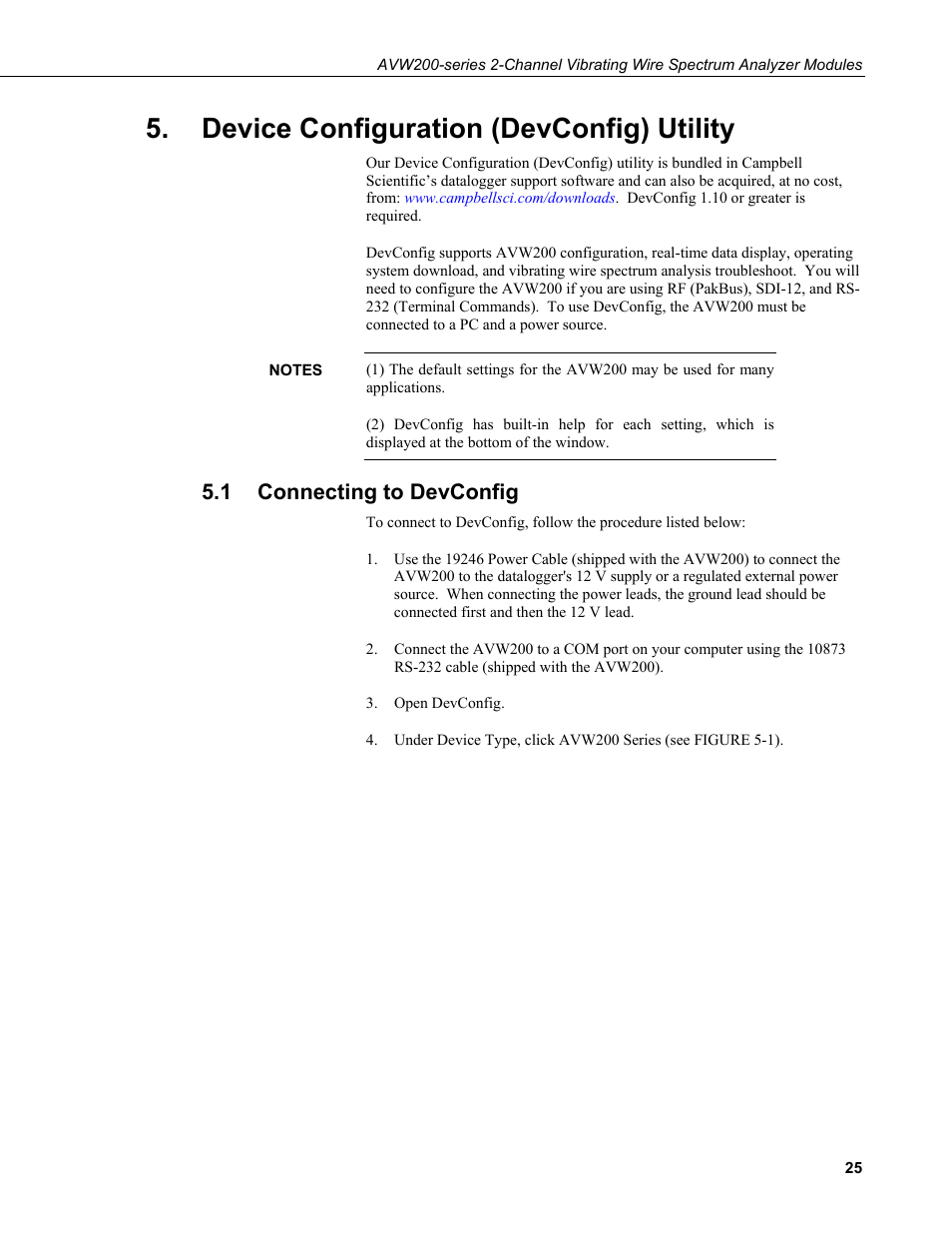 Device configuration (devconfig) utility, 1 connecting to devconfig, Connecting to devconfig | On 5.1, N 5.1 | Campbell Scientific AVW200-series Vibrating Wire Interfaces User Manual | Page 33 / 112
