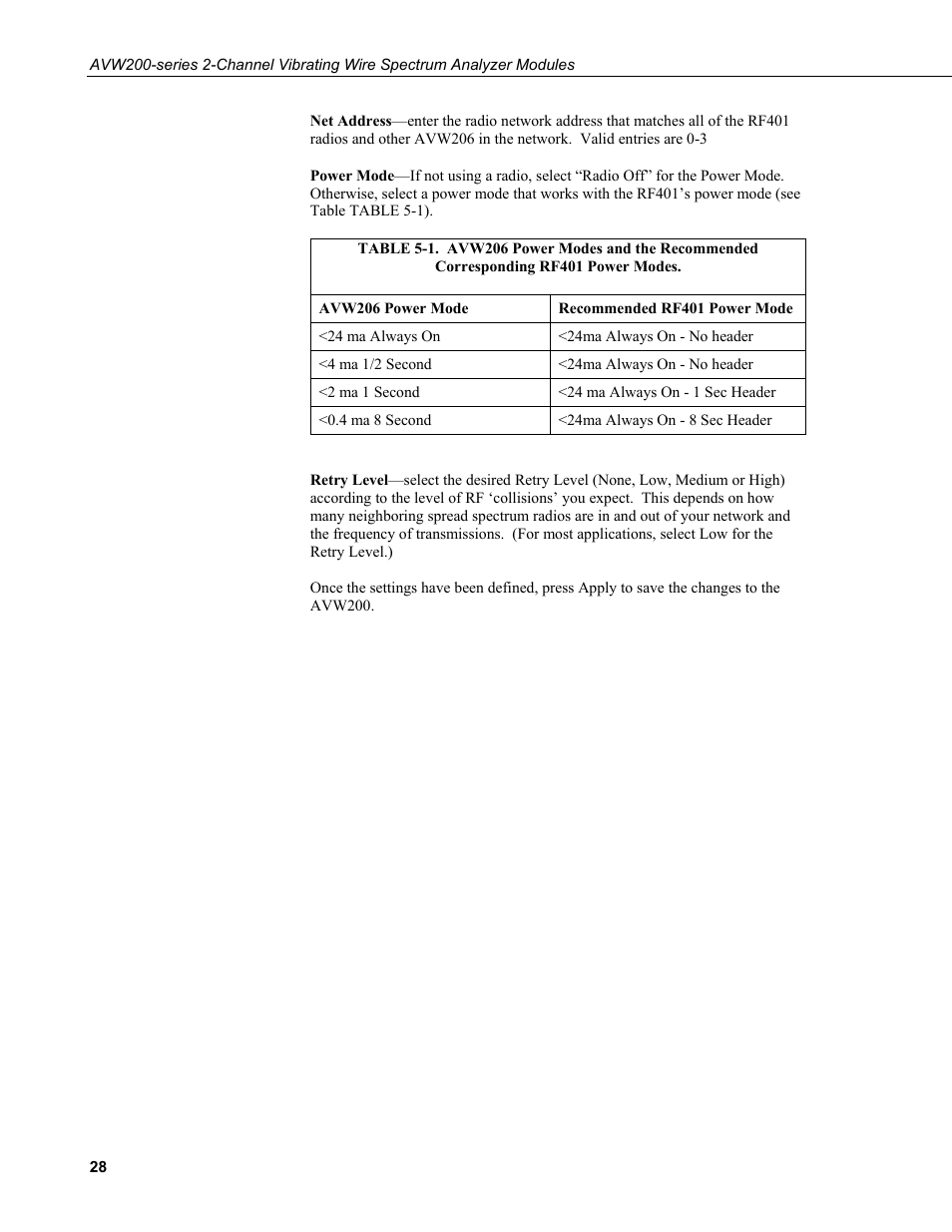 Rf401 power modes | Campbell Scientific AVW200-series Vibrating Wire Interfaces User Manual | Page 36 / 112