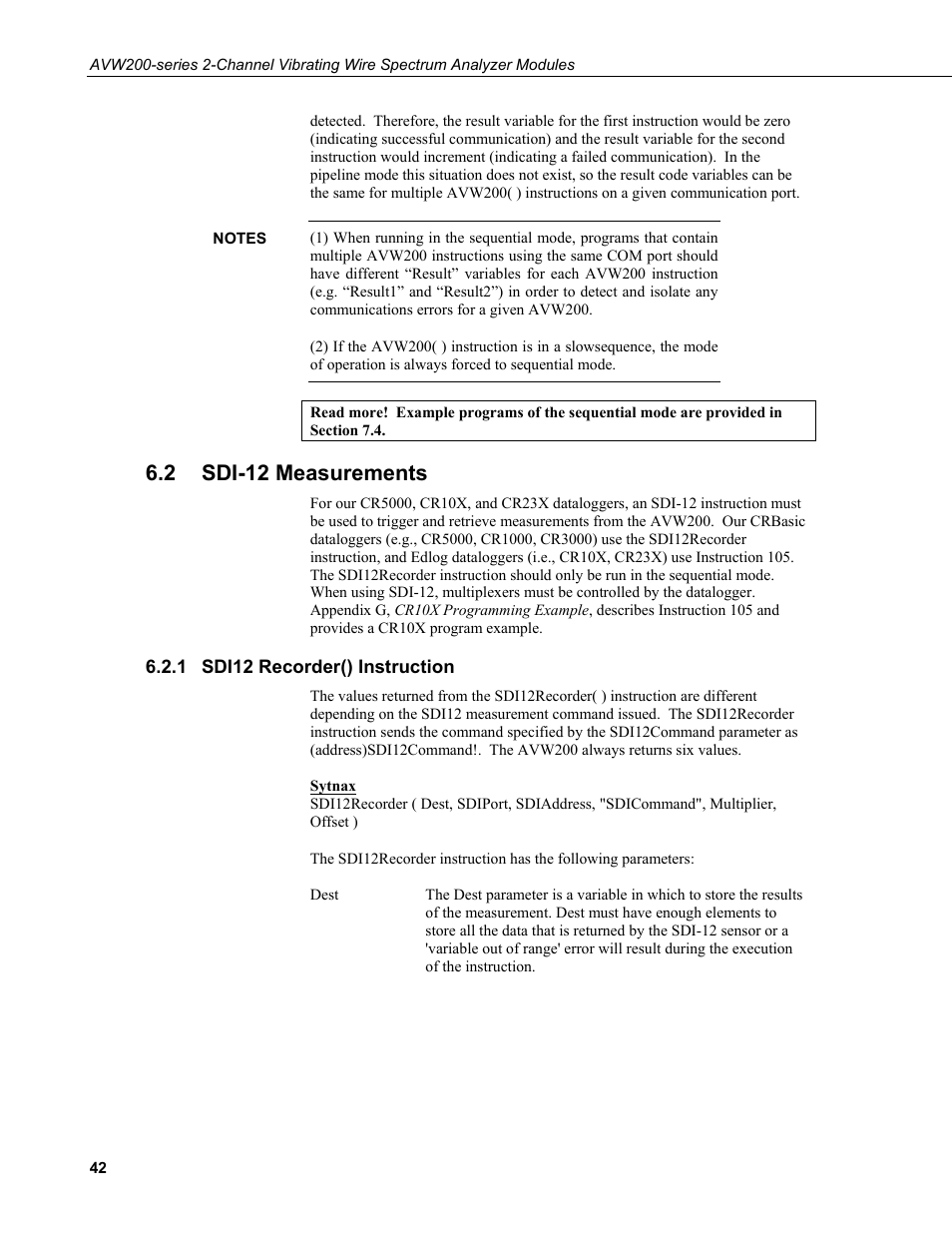 2 sdi-12 measurements, 1 sdi12 recorder() instruction, Sdi-12 measurements | Sdi12 recorder() instruction, N 6.2 | Campbell Scientific AVW200-series Vibrating Wire Interfaces User Manual | Page 50 / 112