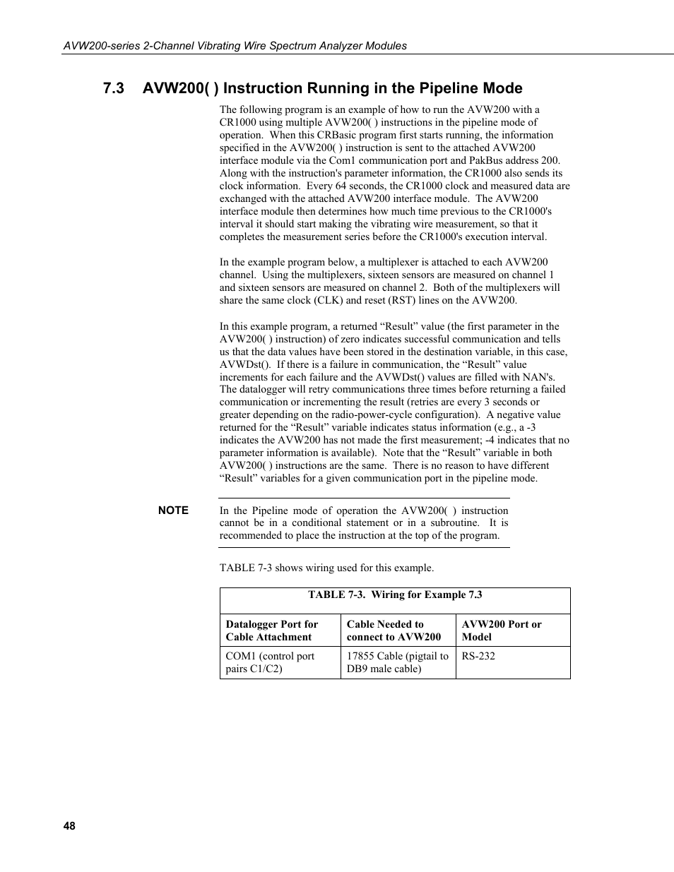 Avw200( ) instruction running in the pipeline mode, 3. wiring for example 7.3 | Campbell Scientific AVW200-series Vibrating Wire Interfaces User Manual | Page 56 / 112