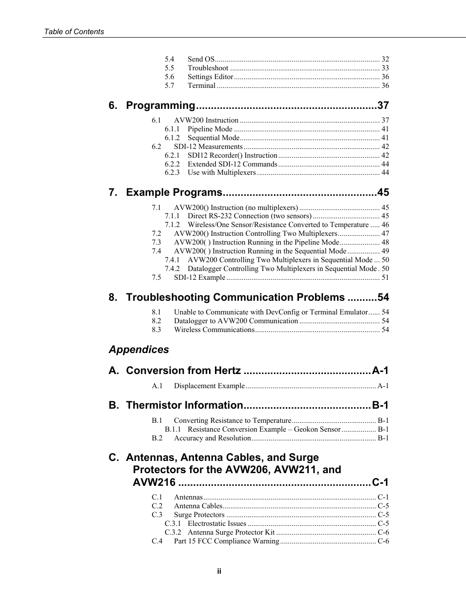 Programming, Example programs, Troubleshooting communication problems | Appendices a | Campbell Scientific AVW200-series Vibrating Wire Interfaces User Manual | Page 6 / 112