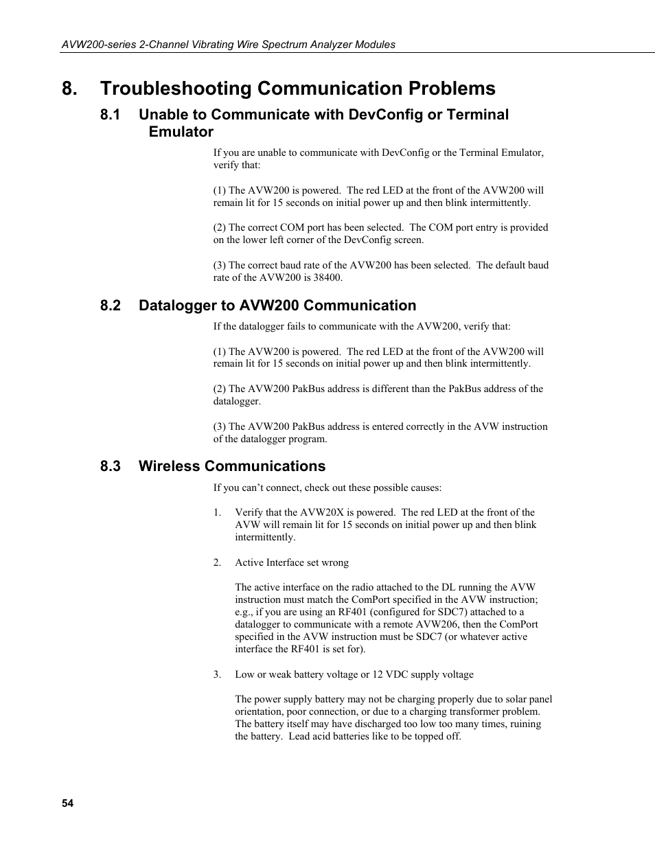 Troubleshooting communication problems, 2 datalogger to avw200 communication, 3 wireless communications | Datalogger to avw200 communication, Wireless communications | Campbell Scientific AVW200-series Vibrating Wire Interfaces User Manual | Page 62 / 112
