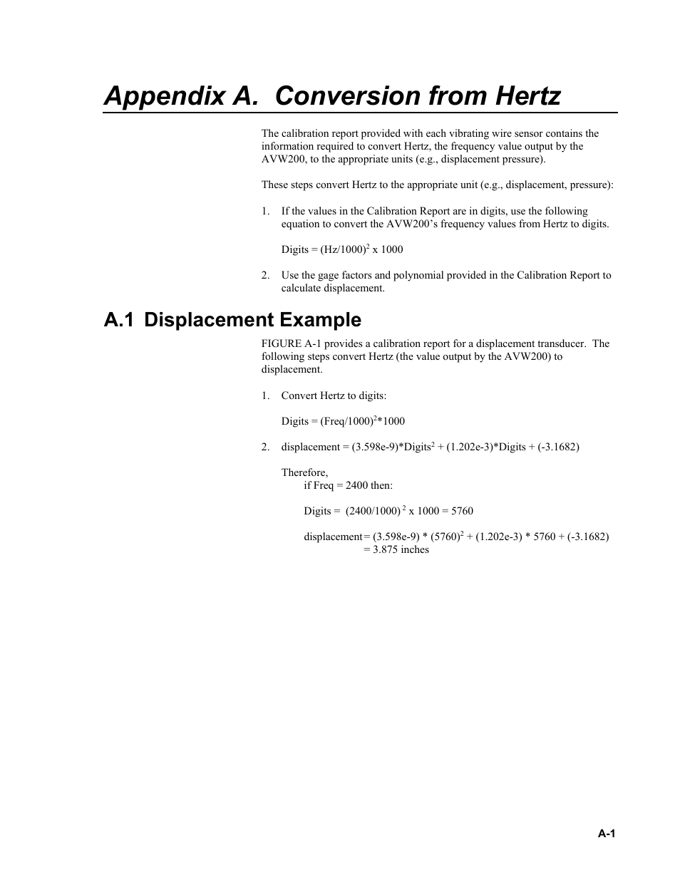 Appendix a. conversion from hertz, A.1 displacement example, Appendix a | Campbell Scientific AVW200-series Vibrating Wire Interfaces User Manual | Page 65 / 112