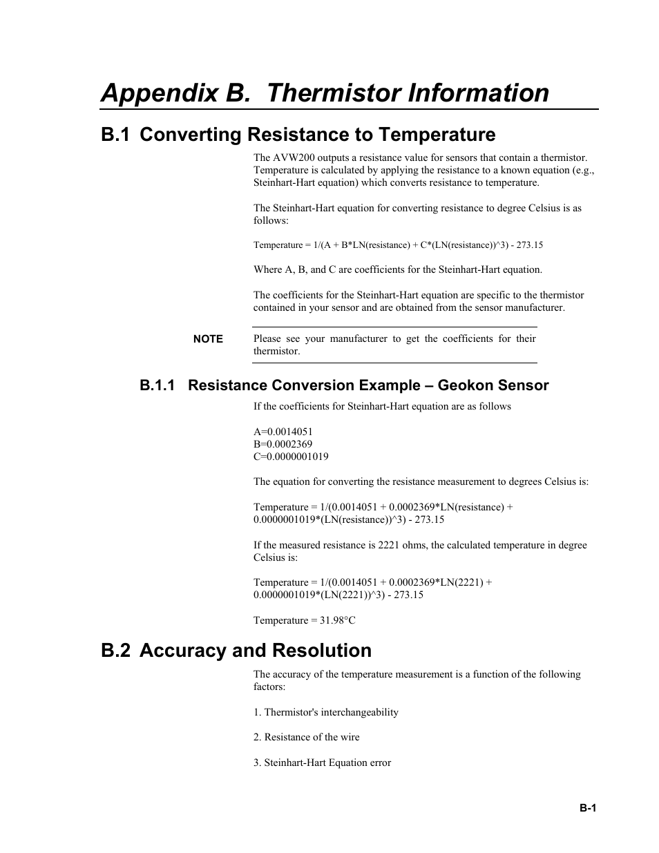 Appendix b. thermistor information, B.1 converting resistance to temperature, B.2 accuracy and resolution | B.1.1, Appendix b | Campbell Scientific AVW200-series Vibrating Wire Interfaces User Manual | Page 67 / 112