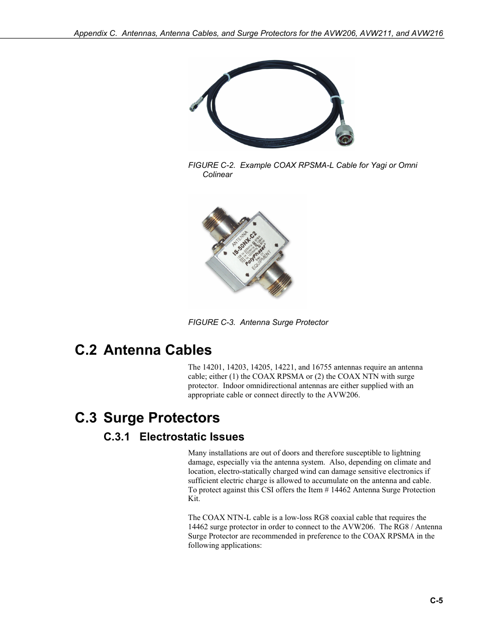 C.2 antenna cables, C.3 surge protectors, C.3.1 electrostatic issues | C.3.1 | Campbell Scientific AVW200-series Vibrating Wire Interfaces User Manual | Page 75 / 112