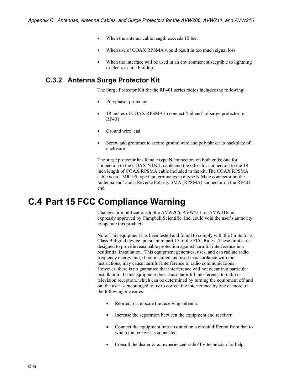 C.3.2 antenna surge protector kit, C.4 part 15 fcc compliance warning, C.3.2 | Campbell Scientific AVW200-series Vibrating Wire Interfaces User Manual | Page 76 / 112