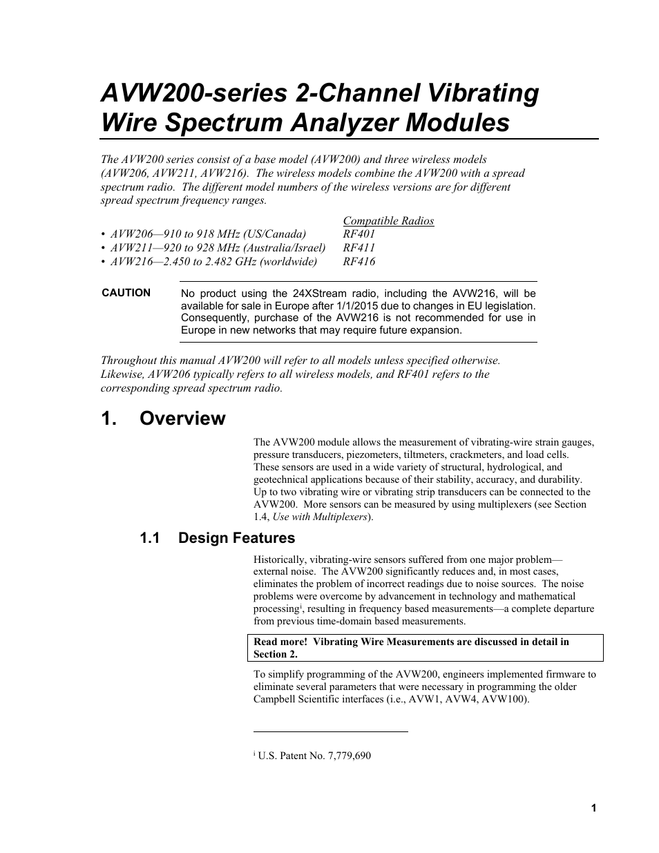 Overview, 1 design features, Design features | Campbell Scientific AVW200-series Vibrating Wire Interfaces User Manual | Page 9 / 112