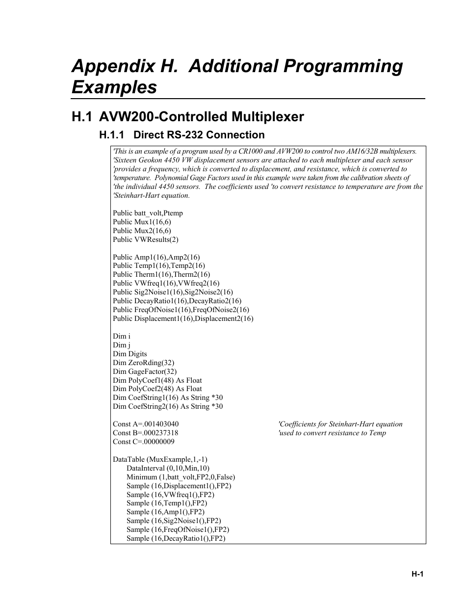 Appendix h. additional programming examples, H.1 avw200-controlled multiplexer, H.1.1 direct rs-232 connection | H.1.1 | Campbell Scientific AVW200-series Vibrating Wire Interfaces User Manual | Page 93 / 112