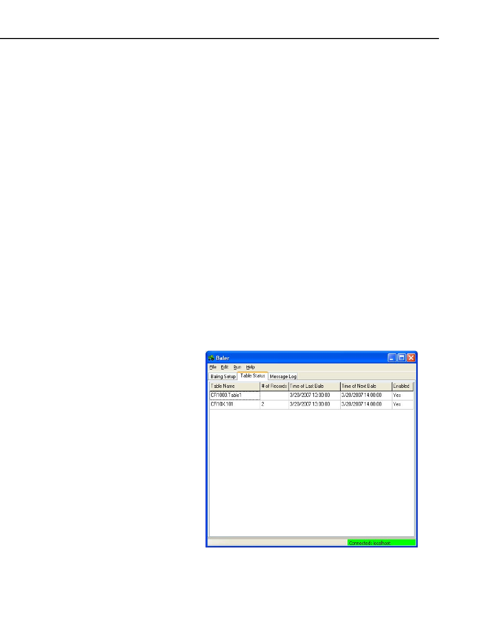 Baler operation, 1 baling controls, 2 table status and messages | Campbell Scientific Baler Software User Manual | Page 11 / 16