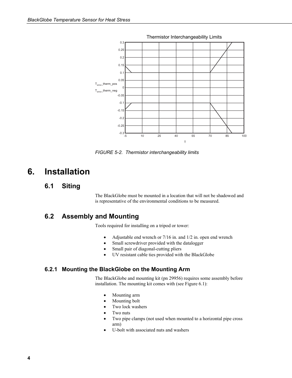 Installation, 1 siting, 2 assembly and mounting | 1 mounting the blackglobe on the mounting arm, Siting, Assembly and mounting, Mounting the blackglobe on the mounting arm, 2. thermistor interchangeability limits, Figure 5-2 | Campbell Scientific BlackGlobe Temperature Sensor for Heat Stress User Manual | Page 10 / 32