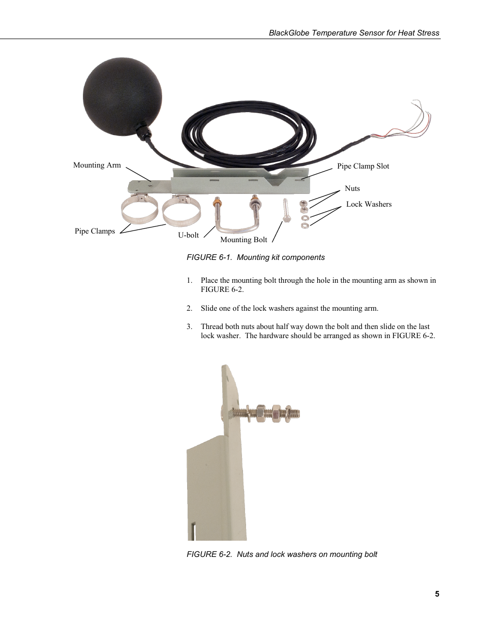 1. mounting, Components, 2. nuts and lock washers on mounting bolt | Campbell Scientific BlackGlobe Temperature Sensor for Heat Stress User Manual | Page 11 / 32