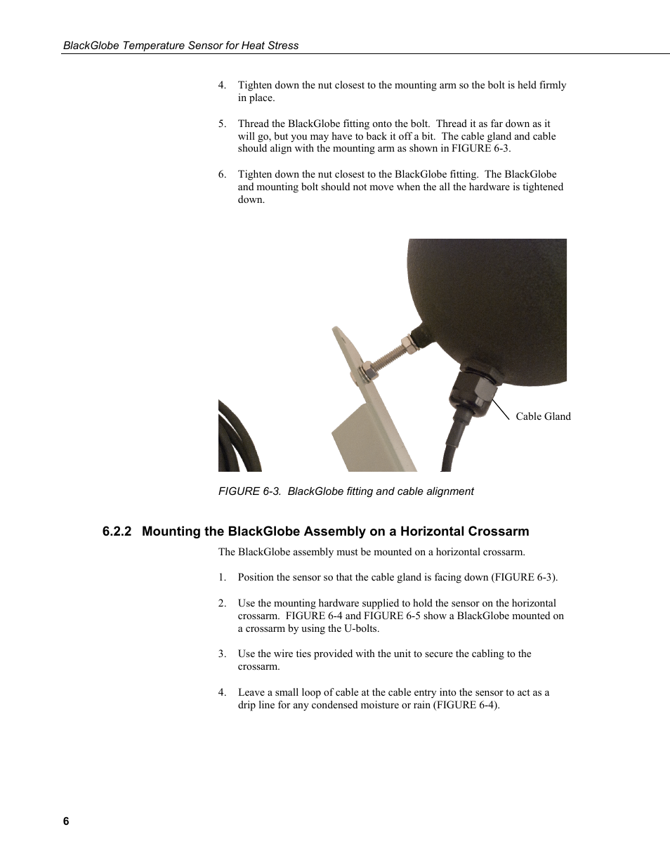 Mounting the blackglobe assembly on a horizontal, Crossarm, 3. blackglobe fitting and cable alignment | Campbell Scientific BlackGlobe Temperature Sensor for Heat Stress User Manual | Page 12 / 32