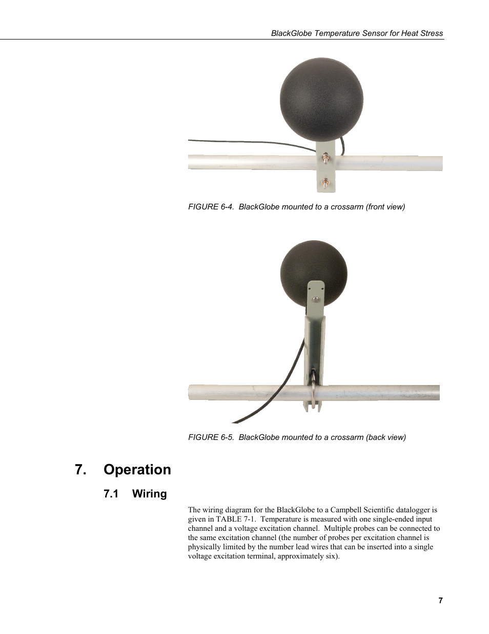 Operation, 1 wiring, Wiring | 4. blackglobe mounted to a crossarm (front view), 5. blackglobe mounted to a crossarm (back view), Figure 6-4 and figure 6-5, Figure 6-4 | Campbell Scientific BlackGlobe Temperature Sensor for Heat Stress User Manual | Page 13 / 32